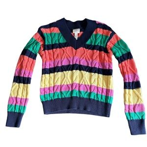 Scandi Girl Colorful Striped Cable Knit Long Sleeve Pullover V Neck Sweater